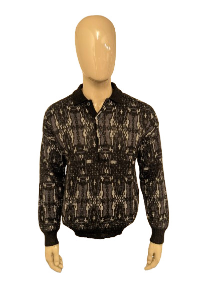 Vintage Genti S Wollen polo trui. Grijs zwart motief. Maat M.