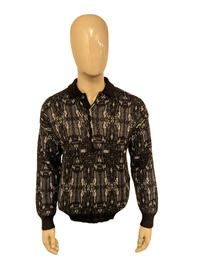 Vintage Genti S Wollen polo trui. Grijs zwart motief. Maat M.