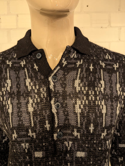 Vintage Genti S Wollen polo trui. Grijs zwart motief. Maat M.