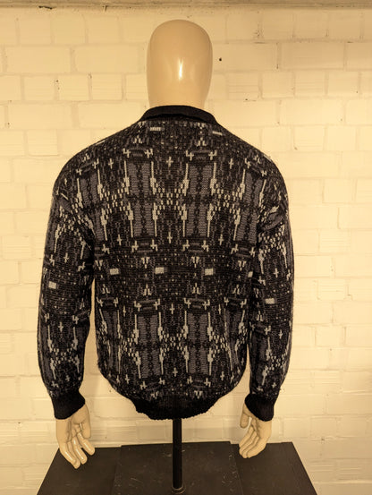 Vintage Genti S Wollen polo trui. Grijs zwart motief. Maat M.