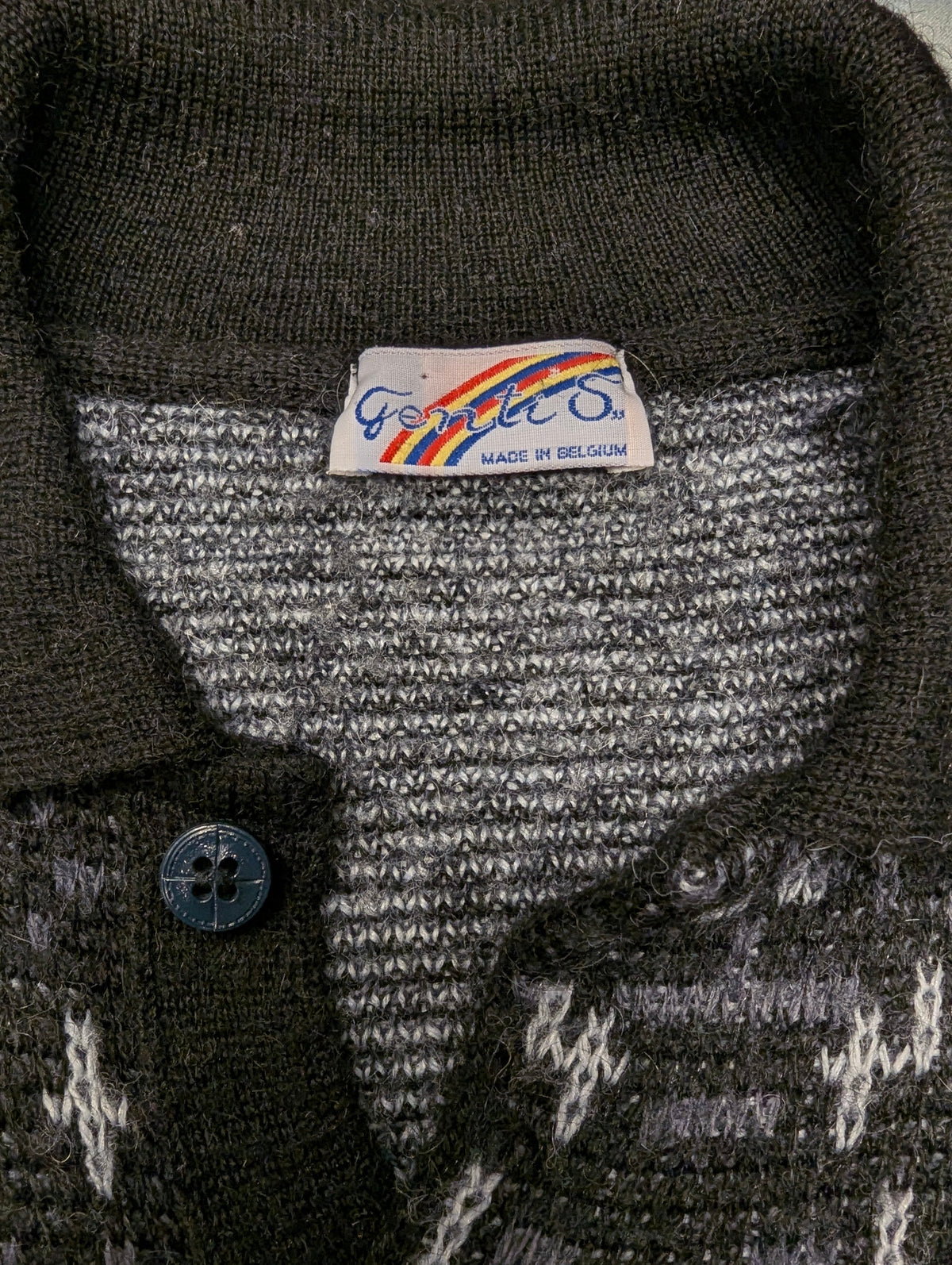 Vintage Genti S Wollen polo trui. Grijs zwart motief. Maat M.