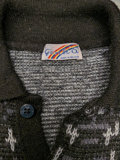 Vintage Genti S Wollen polo trui. Grijs zwart motief. Maat M.