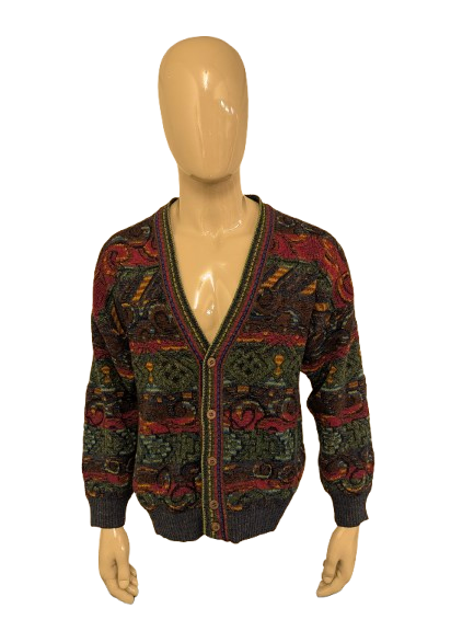 Vintage College by Marcazzani Wollen vest. Gekleurd motief. Maat XL.