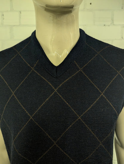 Vintage Wollen Serpelino Spencer met V-Hals. Zwart Bruin geruit. Maat L. 50% Wol & 50% Acryl.
