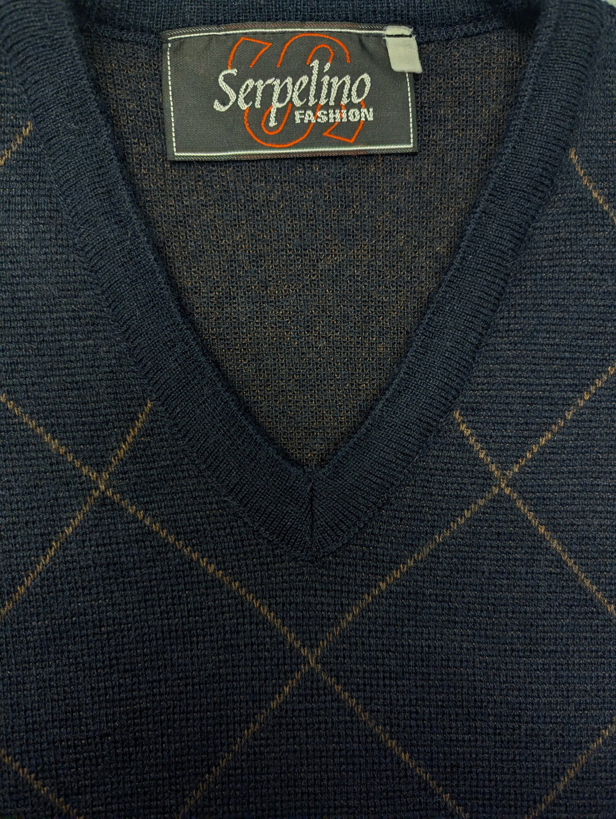 Vintage Wollen Serpelino Spencer met V-Hals. Zwart Bruin geruit. Maat L. 50% Wol & 50% Acryl.