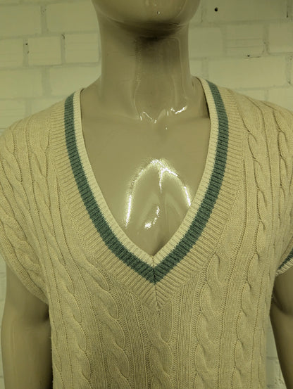 Levi's Wollen Spencer met kabeltrui motief. Beige met Groen Witte rand. Maat L. 55% Wol.