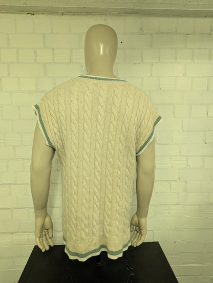 Levi's Wollen Spencer met kabeltrui motief. Beige met Groen Witte rand. Maat L. 55% Wol.