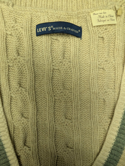 Levi's Wollen Spencer met kabeltrui motief. Beige met Groen Witte rand. Maat L. 55% Wol.
