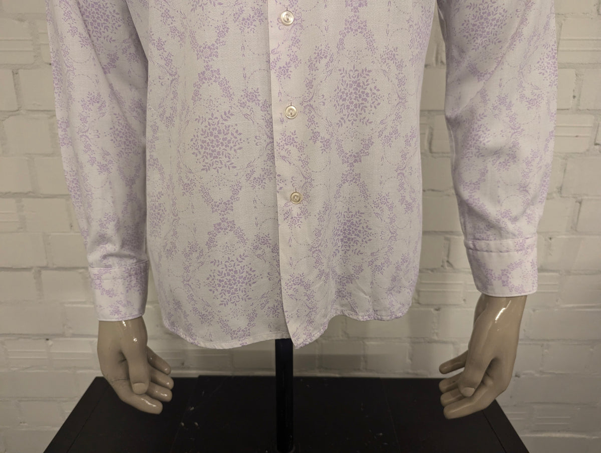 Vintage 70's overhemd met puntkraag. Wit Paarse Bloemen print. Maat L. #838.
