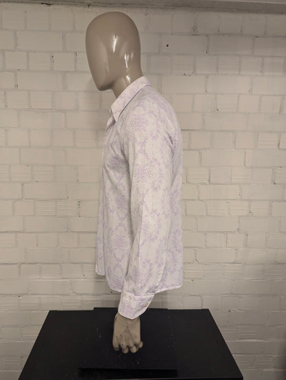 Vintage 70's overhemd met puntkraag. Wit Paarse Bloemen print. Maat L. #838.