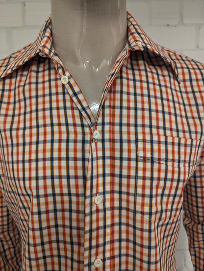 Vintage 70's Cicerone overhemd met puntkraag. Beige Geel Rood Zwart geruit. Maat L.
