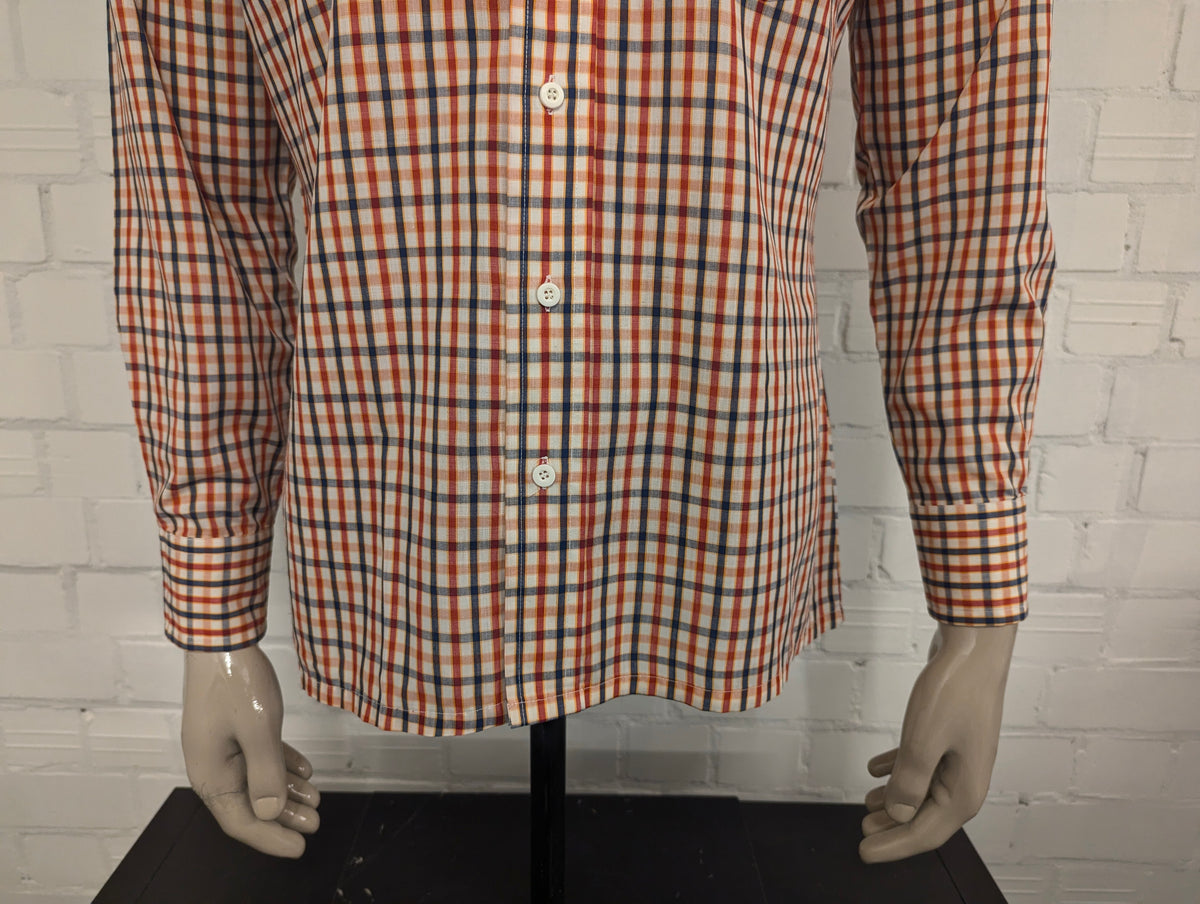 Vintage 70's Cicerone overhemd met puntkraag. Beige Geel Rood Zwart geruit. Maat L.