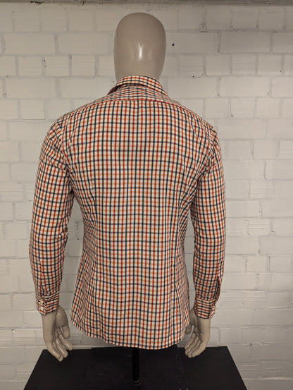 Vintage 70's Cicerone overhemd met puntkraag. Beige Geel Rood Zwart geruit. Maat L.