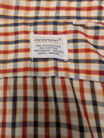 Vintage 70's Cicerone overhemd met puntkraag. Beige Geel Rood Zwart geruit. Maat L.