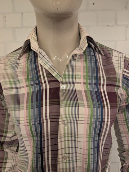 Vintage 70's Double2 overhemd met puntkraag. Paars Blauw Groen Roze geruit. Maat M.