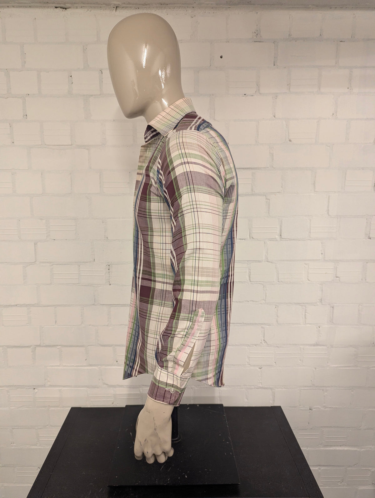 Vintage 70's Double2 overhemd met puntkraag. Paars Blauw Groen Roze geruit. Maat M.