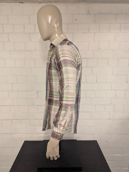Vintage 70's Double2 overhemd met puntkraag. Paars Blauw Groen Roze geruit. Maat M.