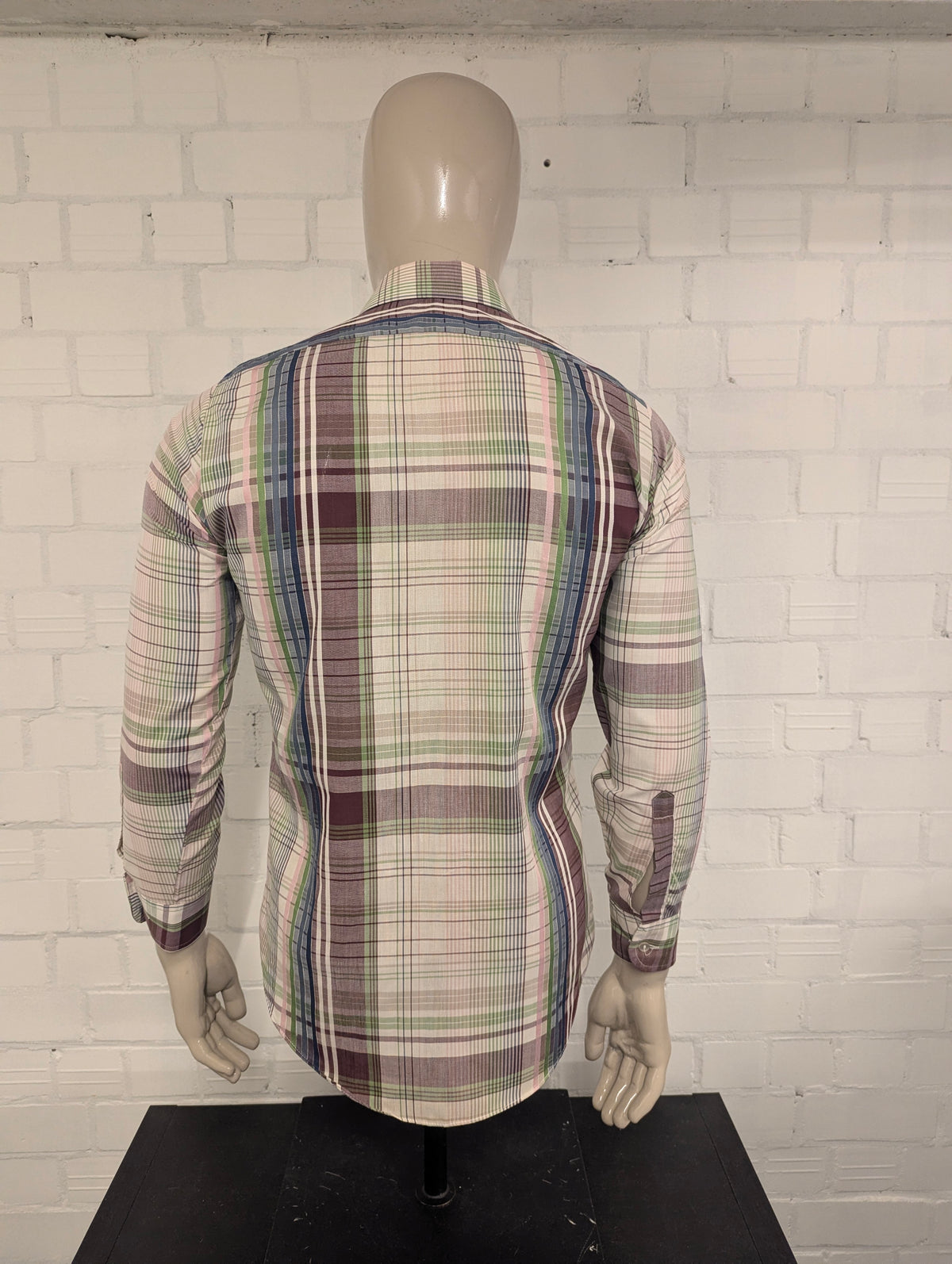 Vintage 70's Double2 overhemd met puntkraag. Paars Blauw Groen Roze geruit. Maat M.