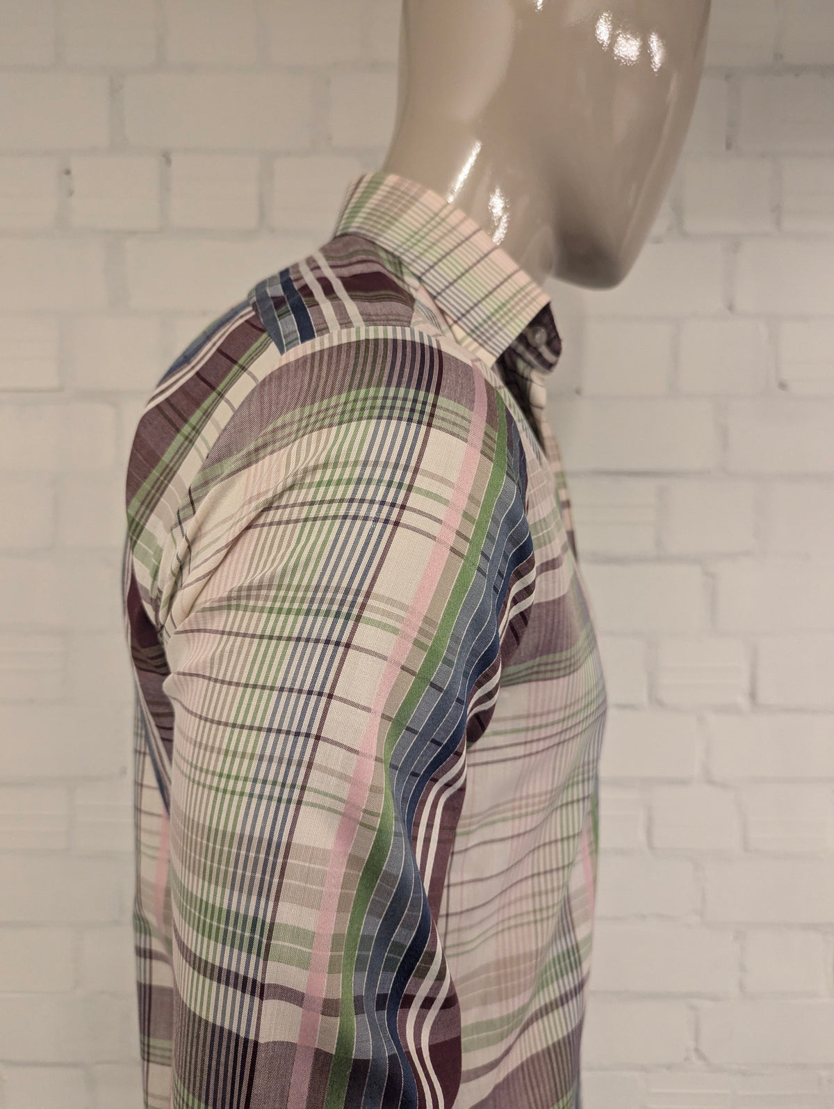 Vintage 70's Double2 overhemd met puntkraag. Paars Blauw Groen Roze geruit. Maat M.