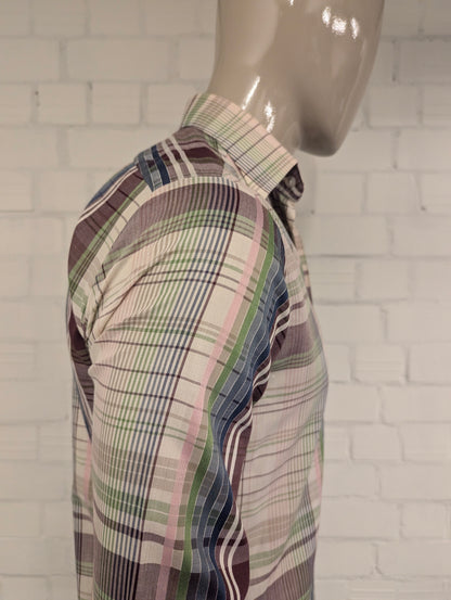 Vintage 70's Double2 overhemd met puntkraag. Paars Blauw Groen Roze geruit. Maat M.