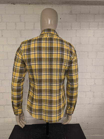Vintage Harry King overhemd met puntkraag. Geel Wit Zwart geruit. Maat M.