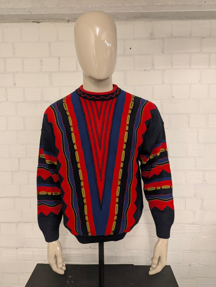 Vintage St. Clou Lamswollen trui. Rood Zwart Blauw Groen gekleurd. Maat XL.