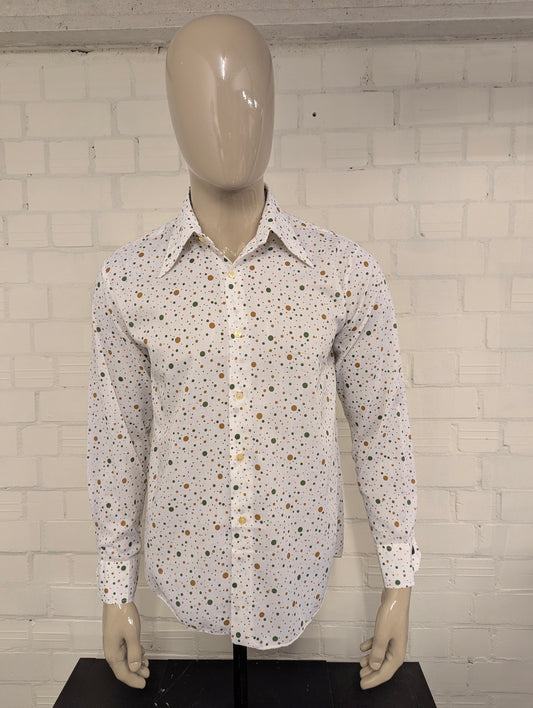 Vintage 70's overhemd met puntkraag. Type manchetknoop. Wit met Groen Bruine Stippen. Maat L. #846.