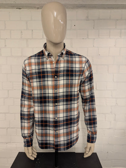 Selected Homme Flanellen overhemd. Oranje Zwart Grijs Wit geruit. Maat L.
