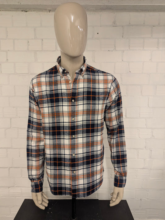 Selected Homme Flanellen overhemd. Oranje Zwart Grijs Wit geruit. Maat L.
