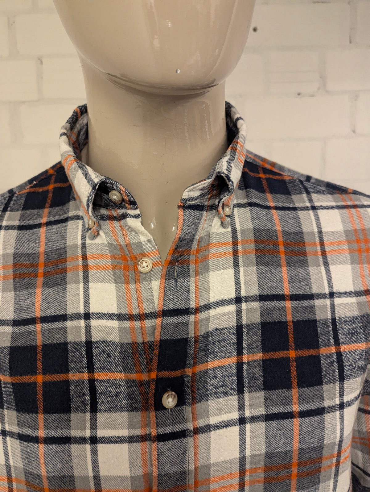 Selected Homme Flanellen overhemd. Oranje Zwart Grijs Wit geruit. Maat L.