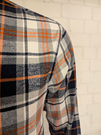 Selected Homme Flanellen overhemd. Oranje Zwart Grijs Wit geruit. Maat L.