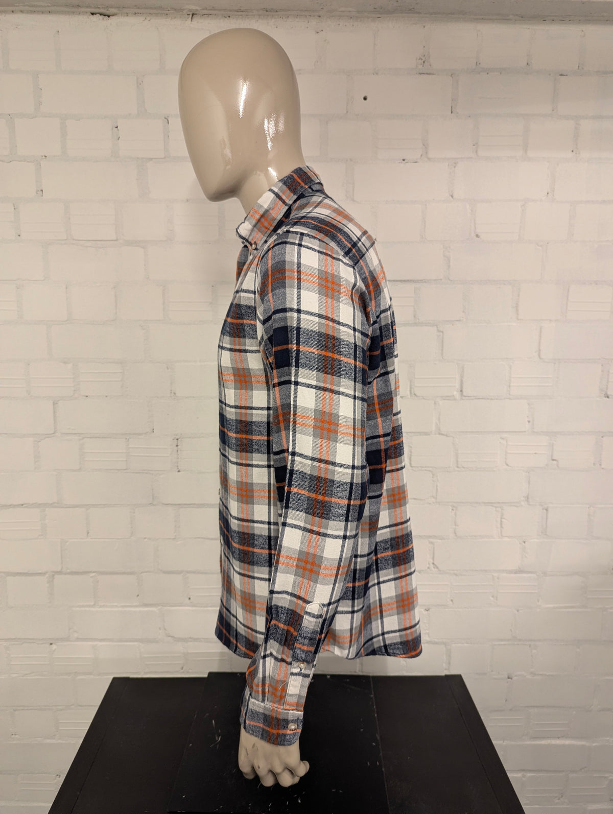 Selected Homme Flanellen overhemd. Oranje Zwart Grijs Wit geruit. Maat L.