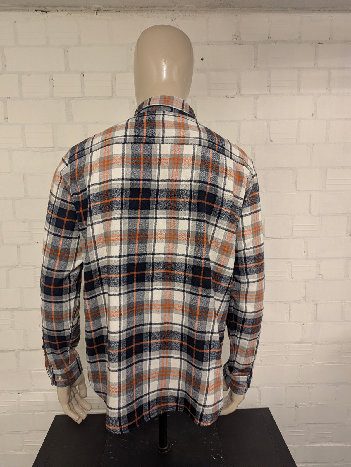 Selected Homme Flanellen overhemd. Oranje Zwart Grijs Wit geruit. Maat L.