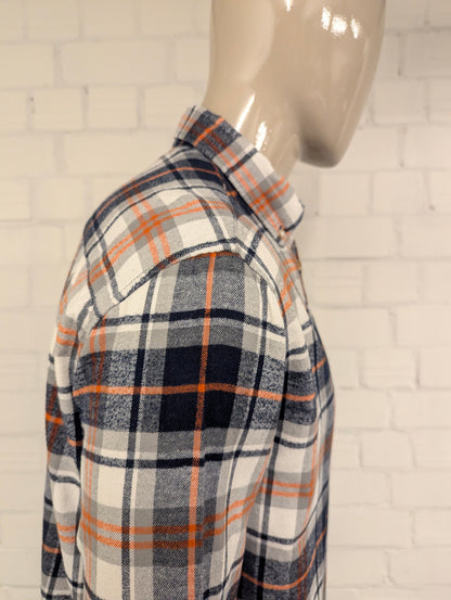 Selected Homme Flanellen overhemd. Oranje Zwart Grijs Wit geruit. Maat L.