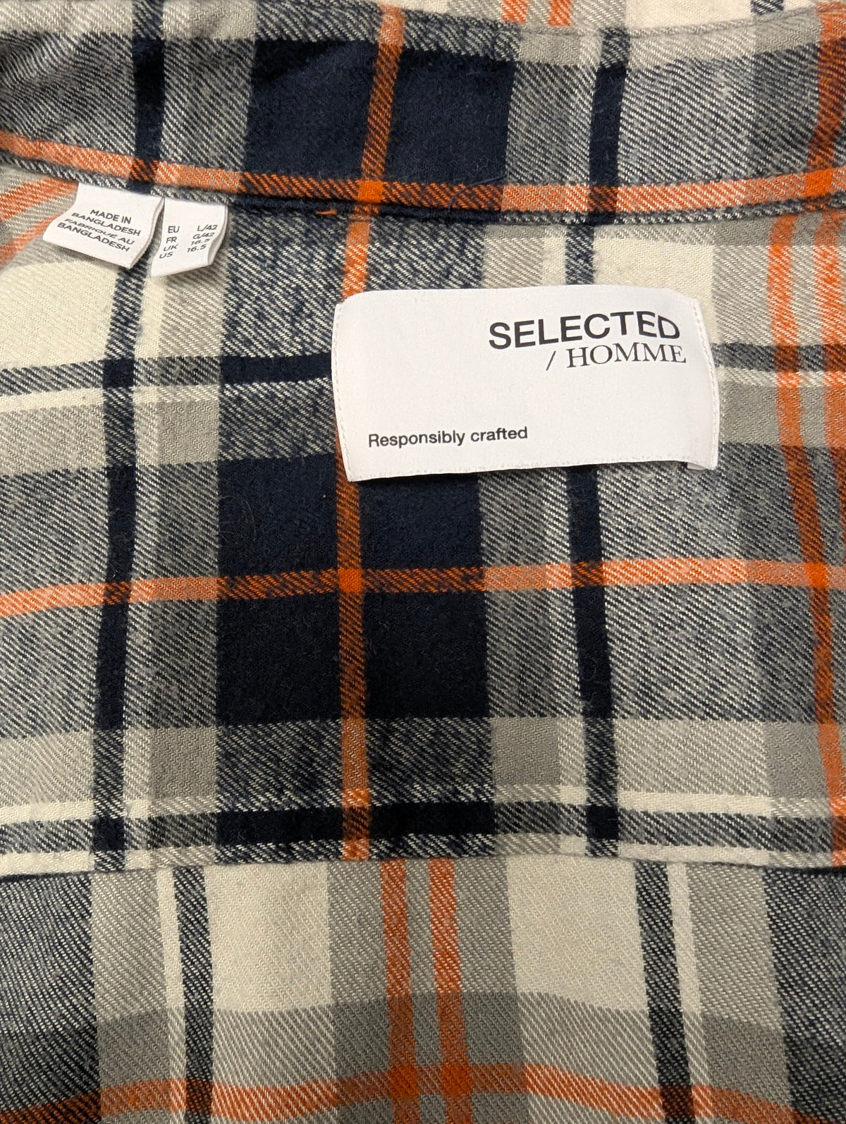 Selected Homme Flanellen overhemd. Oranje Zwart Grijs Wit geruit. Maat L.