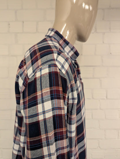 Henderson GCM Flanellen overhemd. Bordeaux Blauw Bruin geruit. Maat 2XL / XXL.