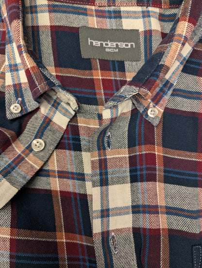 Henderson GCM Flanellen overhemd. Bordeaux Blauw Bruin geruit. Maat 2XL / XXL.