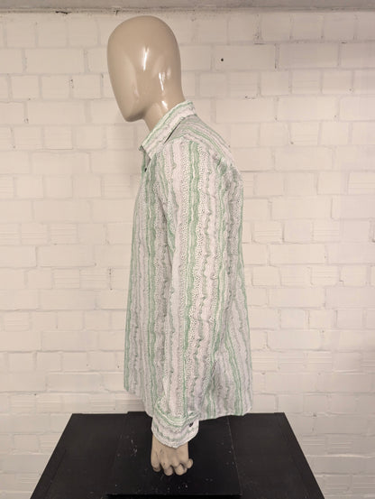 Vintage 70's Welton overhemd met puntkraag en luchtige dunne stof. Groen Wit Zwarte print. Maat L.
