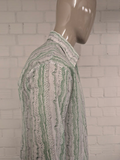 Vintage 70's Welton overhemd met puntkraag en luchtige dunne stof. Groen Wit Zwarte print. Maat L.
