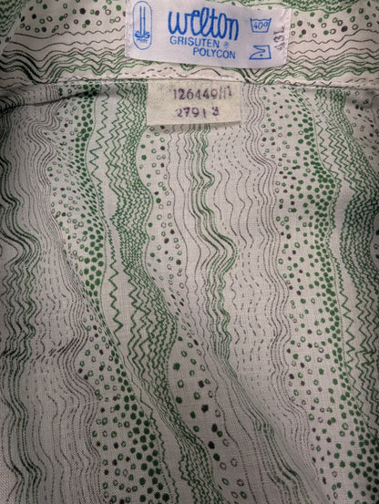 Vintage 70's Welton overhemd met puntkraag en luchtige dunne stof. Groen Wit Zwarte print. Maat L.
