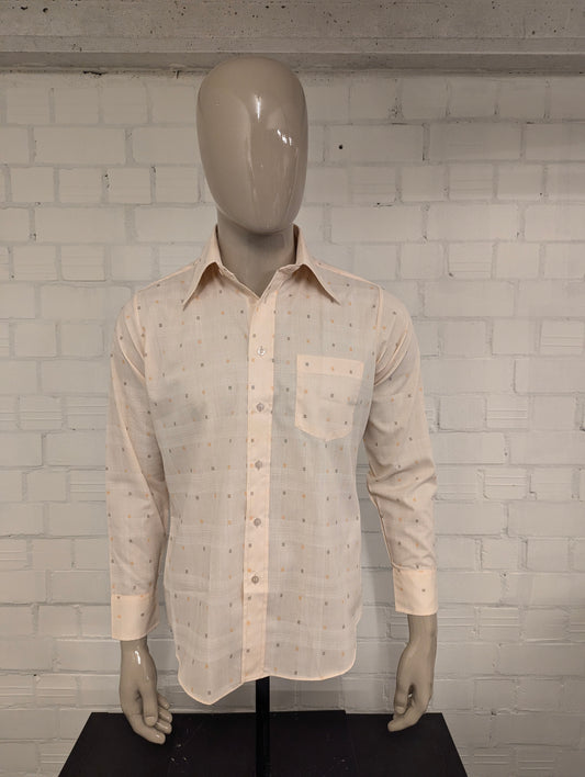 Vintage 70's Markham overhemd met puntkraag. Licht Oranje met Oranje Zwarte print. Maat L.
