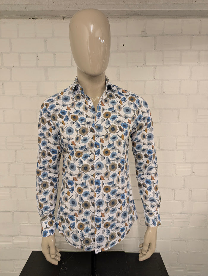 R2 Amsterdam overhemd. Blauw Bruine Bloemen print. Maat M.