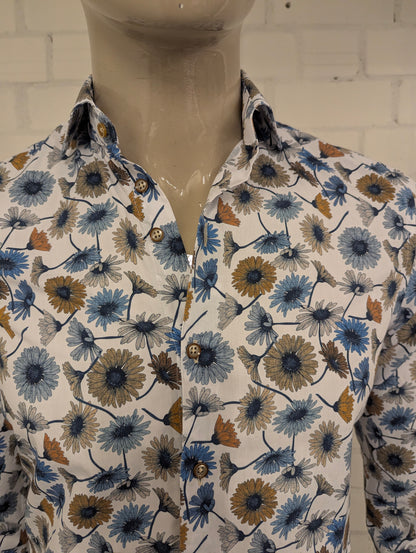 R2 Amsterdam overhemd. Blauw Bruine Bloemen print. Maat M.