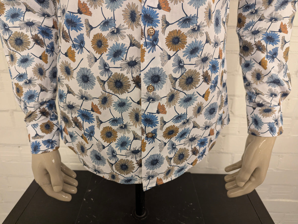 R2 Amsterdam overhemd. Blauw Bruine Bloemen print. Maat M.