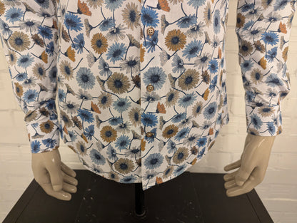 R2 Amsterdam overhemd. Blauw Bruine Bloemen print. Maat M.