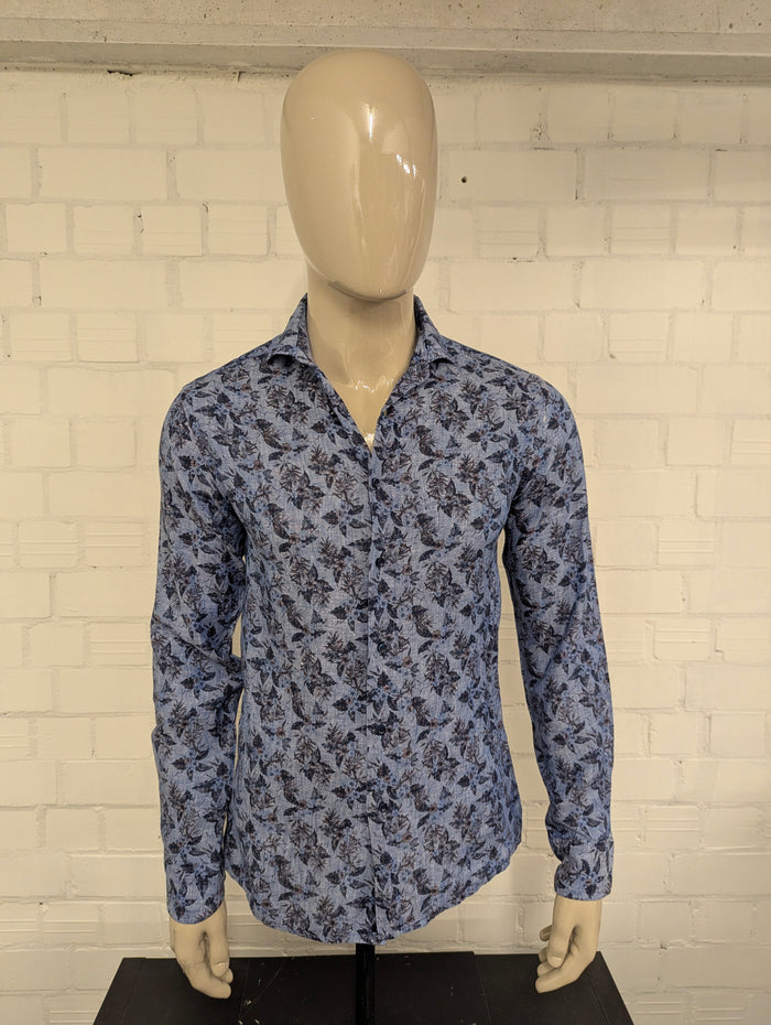 Oscar of Sweden overhemd. Blauw Bruine bloemen print. Maat M.