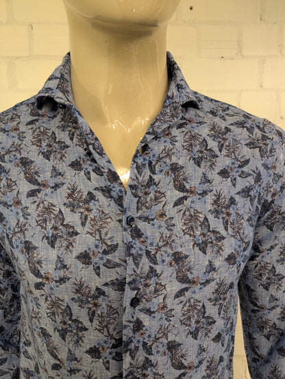 Oscar of Sweden overhemd. Blauw Bruine bloemen print. Maat M.