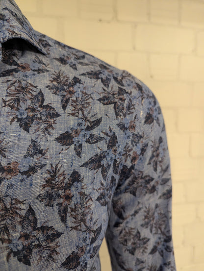 Oscar of Sweden overhemd. Blauw Bruine bloemen print. Maat M.