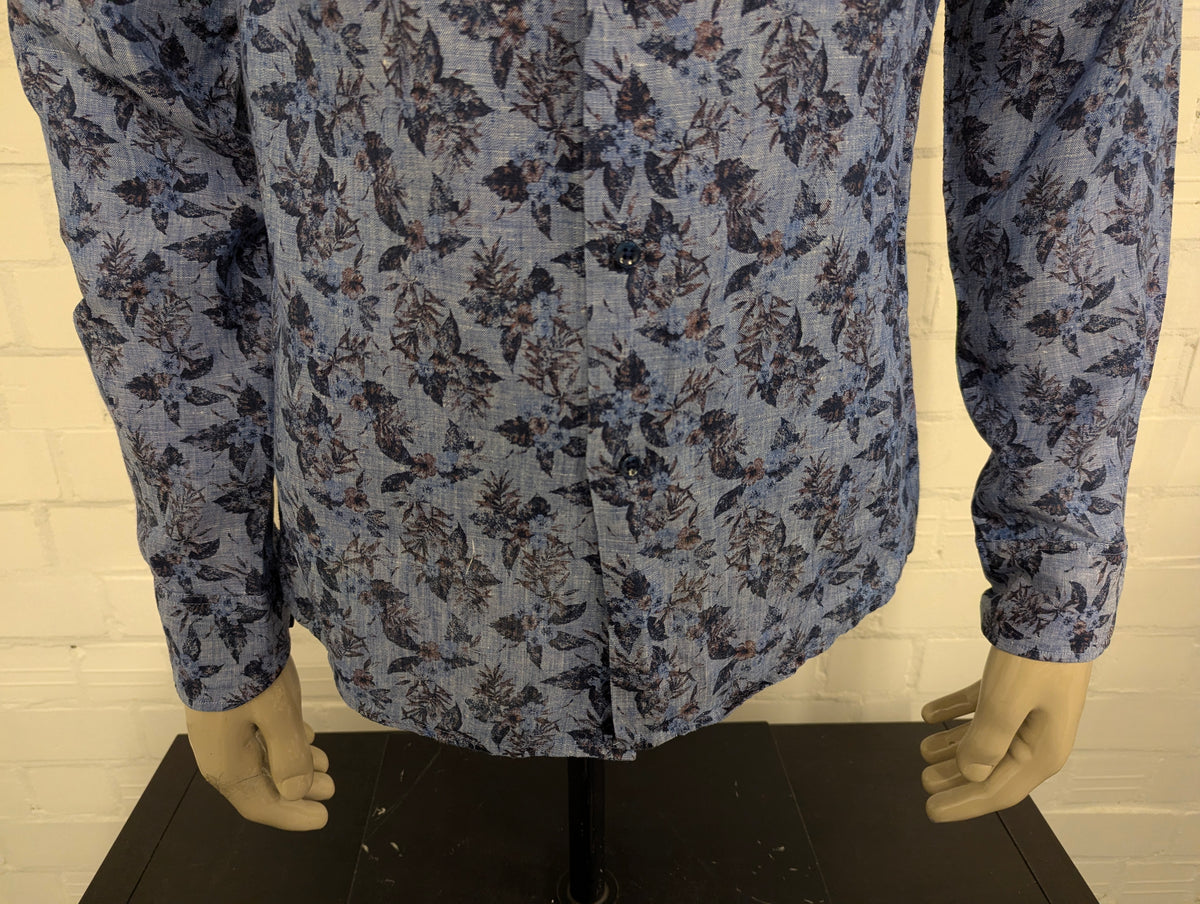 Oscar of Sweden overhemd. Blauw Bruine bloemen print. Maat M.
