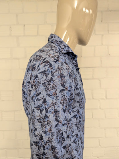 Oscar of Sweden overhemd. Blauw Bruine bloemen print. Maat M.
